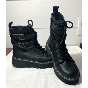 XOXO Black Leather Lace-Up Combat Boots with Double Buckle Straps Size 6.5 M